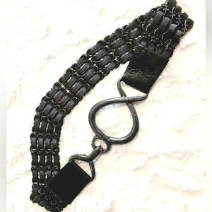 SUZI ROHER womens Brushed SILVER Designer Stretch Leather Belt Buckle size M/L